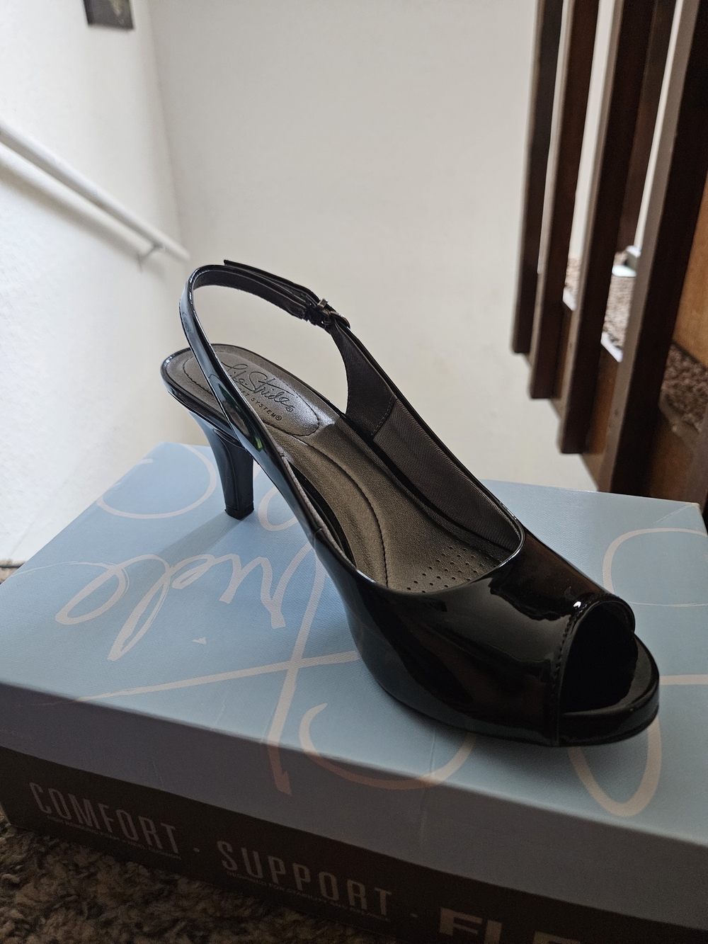 Life Stride Black Patent Peep-Toe Slingback Heel